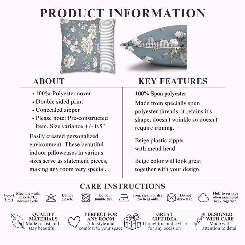 May include: A blue pillowcase featuring a white floral pattern on one side and a white and gray striped pattern on the other. The product information sheet includes details about the 100% polyester material, a concealed beige plastic zipper, and care instructions.