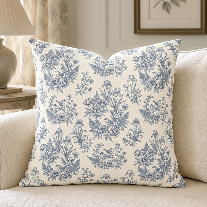 May include: A square throw pillow featuring a cream-colored fabric base with a repeating blue toile pattern. The design displays intricate illustrations of small birds perched among clusters of flowers, ferns, and iris blossoms in a classic style.