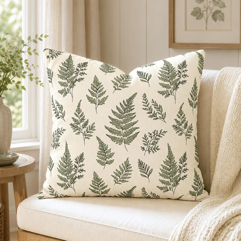 May include: A square throw pillow featuring an off-white base color with a repeating pattern of dark green fern leaves. The botanical print covers the entire front surface of the pillow, showcasing various sizes and orientations of fern fronds.