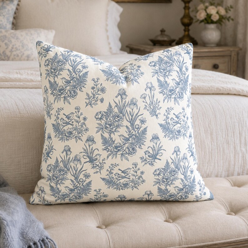 May include: A square throw pillow featuring a cream-colored fabric base with a repeating blue botanical print. The pattern consists of detailed illustrations of small birds perched among various flowers, leaves, and ferns in a toile-style design.