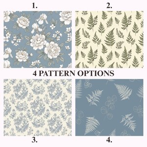 May include: A grid of 4 pattern options labeled 1 through 4. Pattern 1 features white peonies on a dusty blue background. Pattern 2 shows green ferns on a cream background. Pattern 3 displays blue floral and bird motifs on cream. Pattern 4 has white fern and eucalyptus outlines on a blue background.