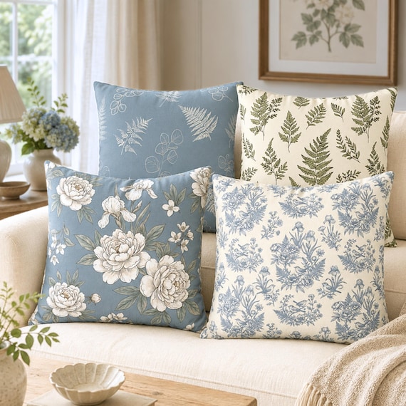 Dusty Blue Throw Pillow Cover French Country Floral Cushion Cover Vintage Botanical Peony Pillow Farmhouse Living Room Decor Gift Idea