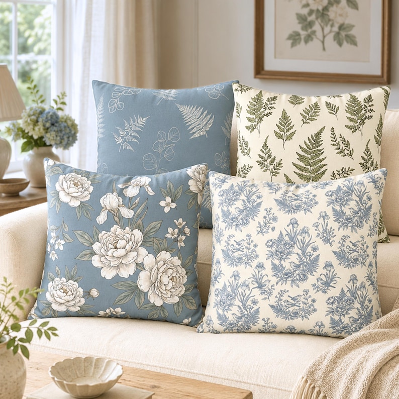 May include: Four square throw pillows arranged on a sofa. One is dusty blue with white floral patterns, one is dusty blue with white fern outlines, one is cream with green fern prints, and one is cream with a blue toile pattern of birds and flowers.