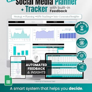 Puede incluir: Un planificador y rastreador de redes sociales todo en uno con retroalimentación integrada. La imagen muestra una computadora, tableta y teléfono que muestran visualizaciones de datos. El texto incluye "Estrategia, Planificación, Seguimiento de KPI, Insights generados automáticamente".