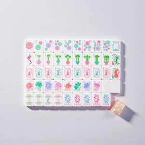 Peut inclure: Un ensemble de tuiles de Mahjong blanches avec des motifs floraux et numériques colorés. Les tuiles sont disposées sur une surface blanche, avec une seule tuile beige à proximité. Les motifs comprennent des fleurs, des plantes et des caractères chinois.