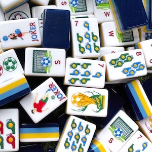 Fotbolls-Mahjong-plattor, fotbollstema-Mahjong-plattor, färgglad sport-Mahjong, amerikanskt Mahjong-set, fotbollsspelarplattor, VM-Mahjong