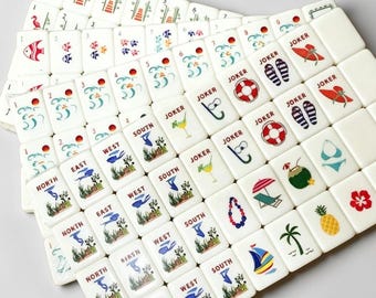 Vintage Tropical Mahjong Tile Set, Retro Green Mahjong Game, Ocean Theme Mahjong Tiles, Coastal Game Room Decor Gift