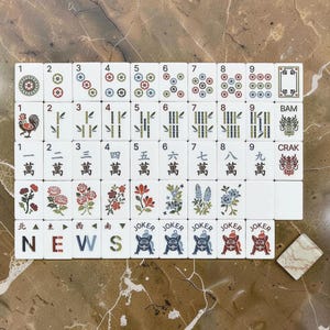 Terracotta Marble Tile Set complete mahjong game layout showing all suits, flowers, winds, and dragon tiles