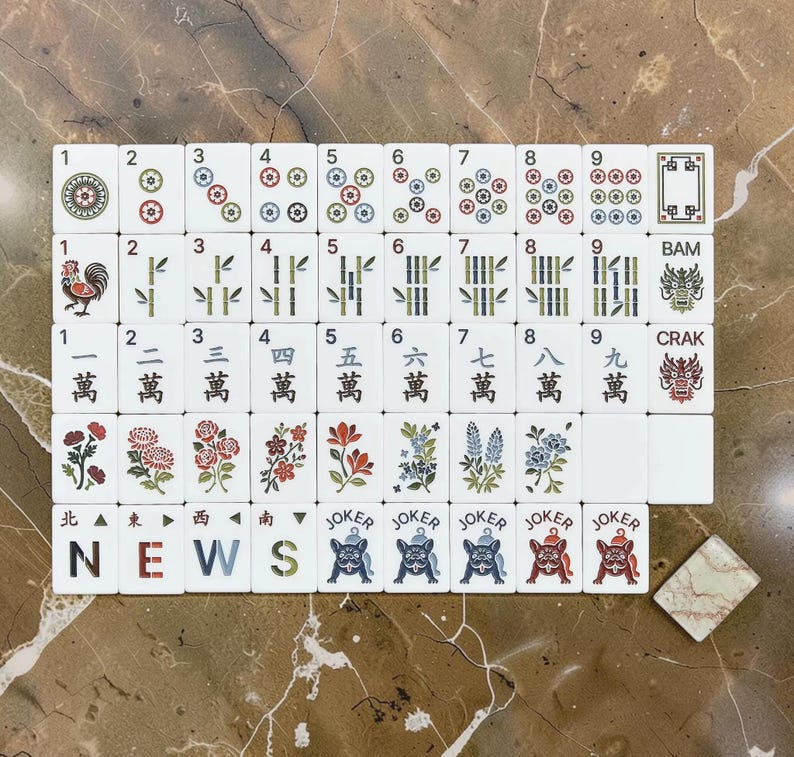 Terracotta Marble Tile Set complete mahjong game layout showing all suits, flowers, winds, and dragon tiles