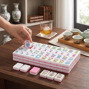 May include: A set of white and pink Mahjong tiles featuring various colorful symbols, Chinese characters, and floral designs. The tiles are arranged in a rectangular grid on a wooden surface, with some individual tiles placed in front.