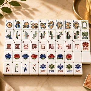 May include: A full set of white Mahjong tiles, each decorated with vibrant illustrations and Chinese characters. The tiles display diverse designs, such as flowers, bamboo, and geometric patterns. The set includes tiles marked "NEWS" and "JOKER".