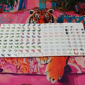 Nature inspired American Mahjong tile set with woodland illustrations, butterfly dot tiles, pine branch bam tiles, firefly mason jar craks, mushroom flower tiles, compass wind tiles, whimsical forest Mahjong set, cottagecore Mahjong tiles, collectible Mahjong game set, luxury Mahjong tiles, aesthetic board game décor, botanical Mahjong collection, artistic Mahjong gift for nature lovers and cozy game nights