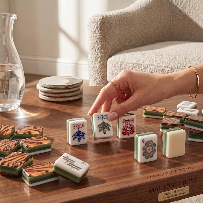 Tiger Mahjong tile set with tiger stripe backs, safari themed Mahjong tiles, custom American Mahjong set, jungle inspired Mahjong game, luxury Mahjong tiles, wildlife Mahjong collection, animal print Mahjong set, premium Mahjong tiles, collector Mahjong gift, exotic Mahjong design, tiger pattern game tiles, custom Mahjong accessories, unique Mahjong set