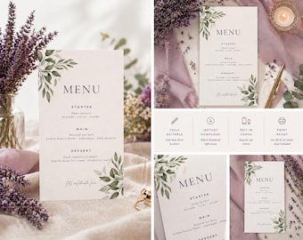 Plantilla editable de menú de boda con lavanda y vegetación / Descarga instantánea / Tarjeta de menú para crear tú mismo en Canva