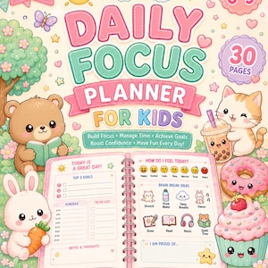 ADHD Daglig fokusplanerare för barn | 30 utskrivbara rutinsidor | Kawaii daglig planerare | Exekutiva funktioner | Direkt PDF och PNG