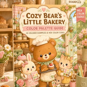 May include: A color palette guide book titled Cozy Bear's Little Bakery featuring 30 colored examples and hex color codes. The cover displays an illustration of a bear, a rabbit, a cat, and a mouse in a bakery setting with pastries and art supplies.