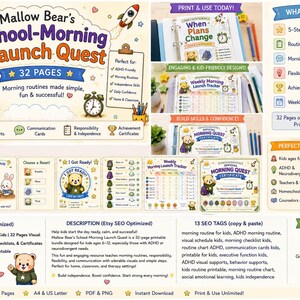 May include: A 32-page printable morning routine binder titled Mallow Bear's School-Morning Launch Quest, featuring a cartoon bear, rocket, and alarm clock. Includes visual checklists, communication cards, achievement badges, and certificates.