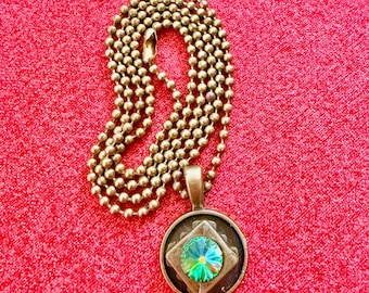 Vintage Swarovski Crystal Iridescent Rivoli Crystal Pendant with Brass Colored Snap Chain
