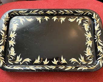 Vintage MCM Black Metal Tray with Floral Design
