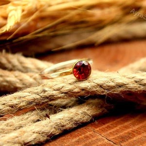 May include: A gold ring with a round, red gemstone set in a gold bezel. The ring is displayed on a thick, textured rope, with a blurred background of wheat and wood. The text "AyraSilver" is visible in the upper right corner.