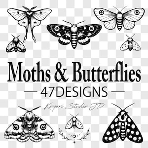 Puede incluir: Una colección de ilustraciones de arte lineal en blanco y negro con varias polillas y mariposas. El texto dice Moths & Butterflies 47DESIGNS Koyori Studio JP. Los diseños incluyen patrones de alas detallados, antenas y pequeños elementos decorativos.
