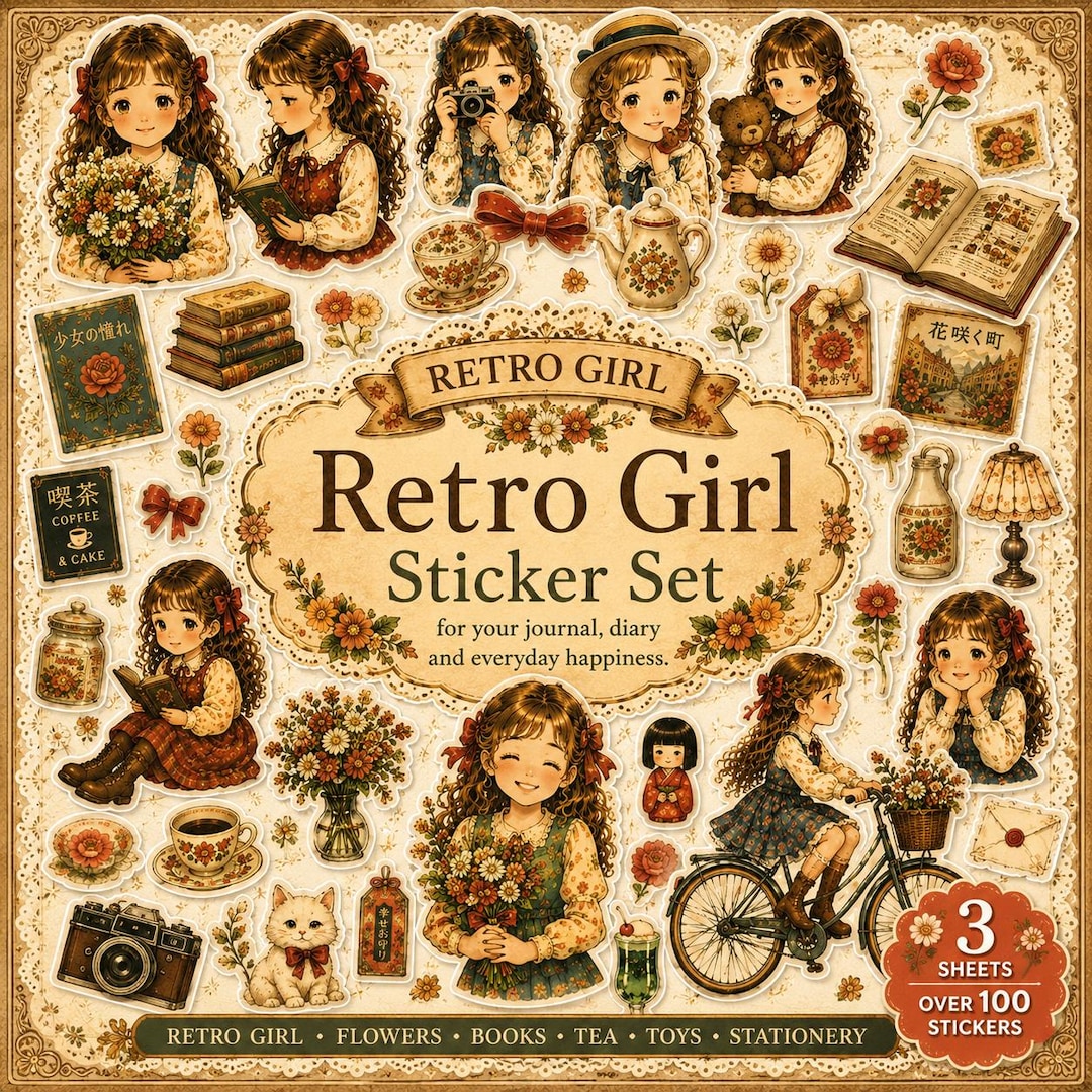 Retro Girl Sticker Set | Vintage Girl JPEG Printable Stickers | Kawaii ...