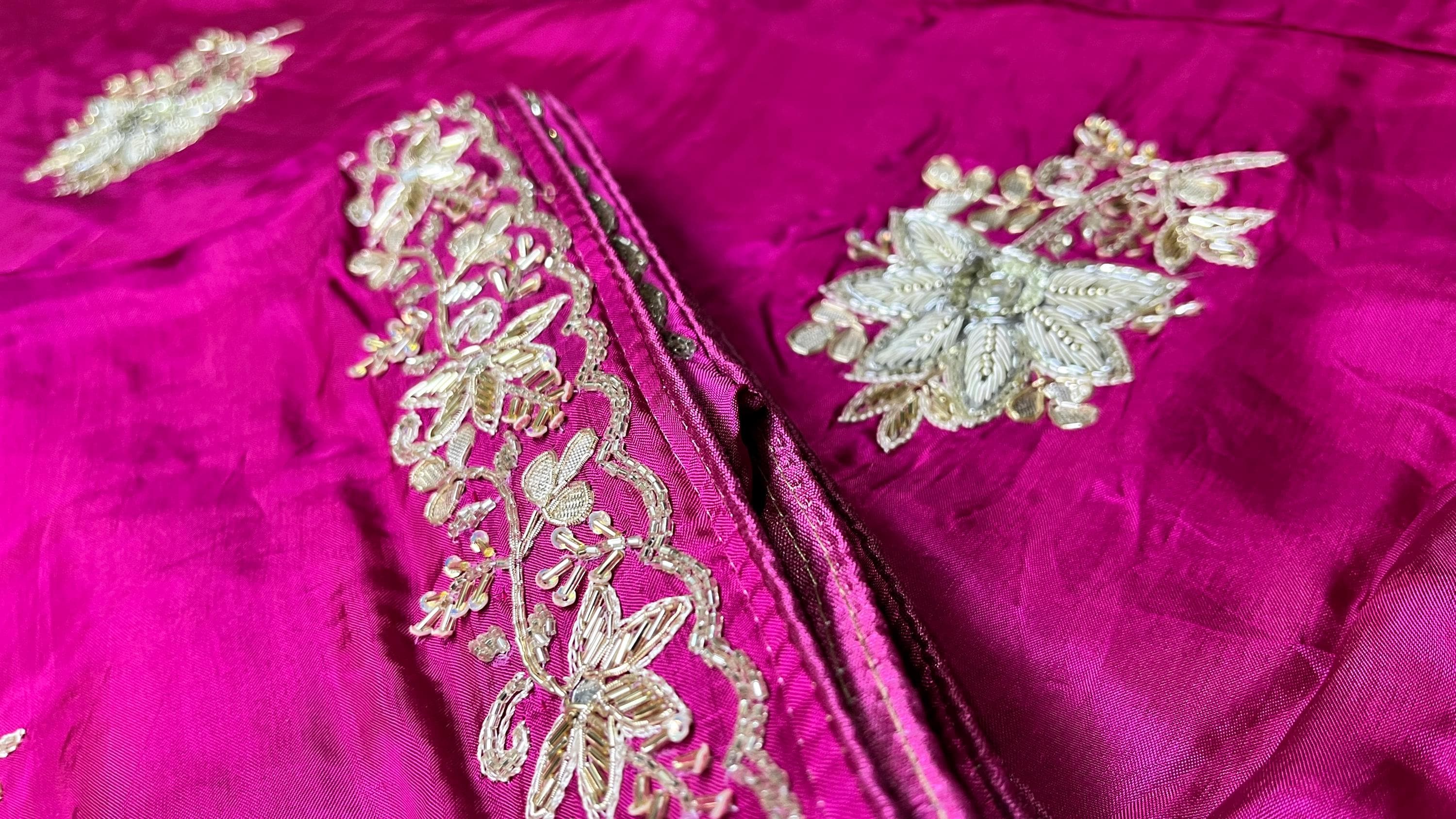 Rani Pink Pure Silk Saree, Handwoven Zardozi Work, Indian Bridal Wedding Wear