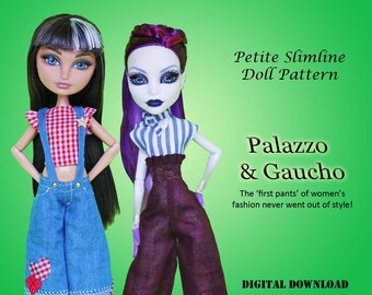 Palazzo Gaucho pants vintage 1930s girl wide leg sewing pattern for Petite Slimline Fashion Doll: Monster, Ever After, Dal, Hero Girls