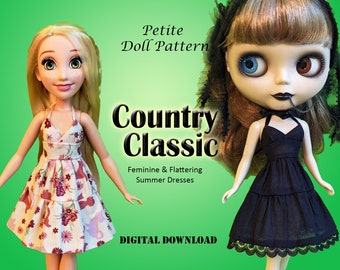 Country Classic summer dress PDF Sewing Pattern for Petite Doll: Neo Blythe, Licca, Obitsu 24cm Pure Neemo, Descendants,  Princess, Skipper