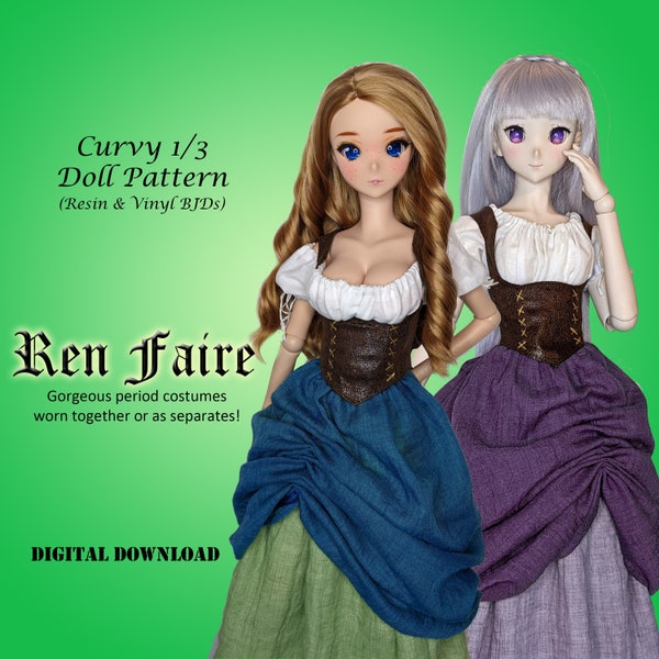 RenFaire renaissance period costume gown dress pdf sewing clothes pattern for Curvy 1/3 60cm BJD: SD, SDGR, Dollfie Dream, Smart Doll