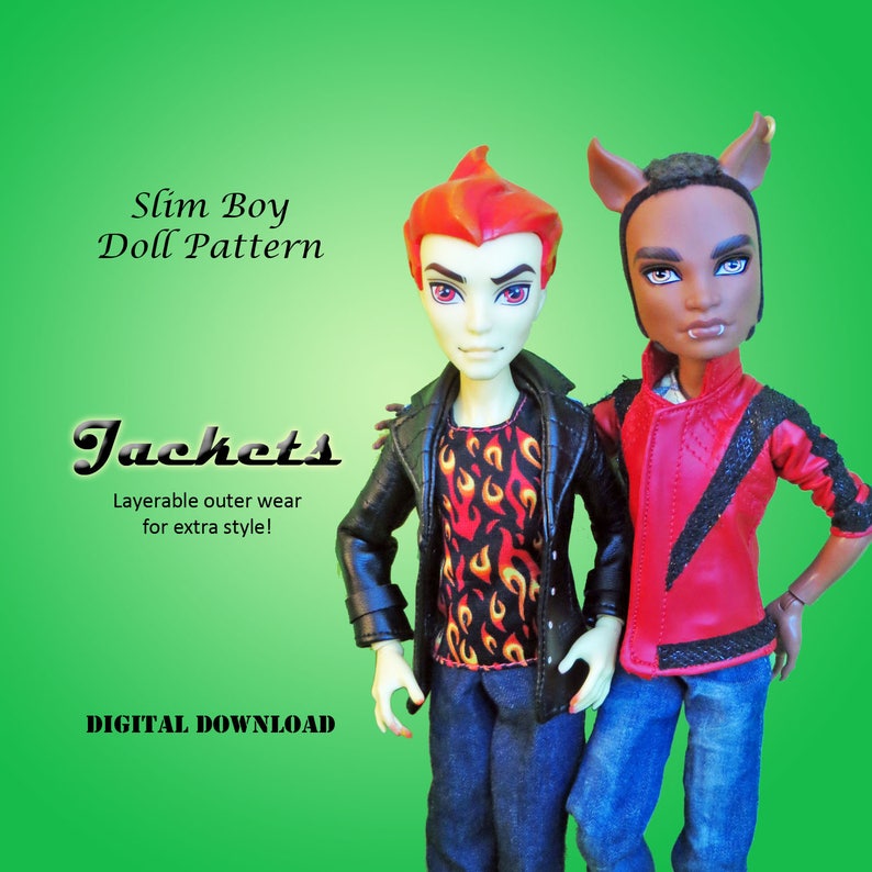 Slimline Boys Leather jacket trench coat doll clothes sewing patterns for Monster High, Isul, Obitsu & similar sized boy dolls 