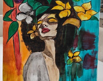 Floral Woman Portrait Painting Original Acrylic Art - Female Figure ...