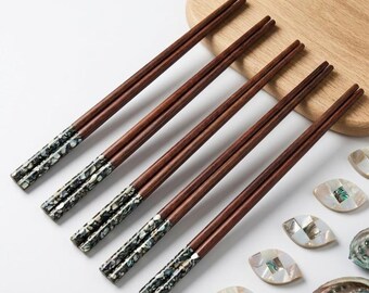 Shell Inlay Wooden Chopsticks, Reusable Dining Utensils, Minimal Kitchen Tools, Gift for Her Him
