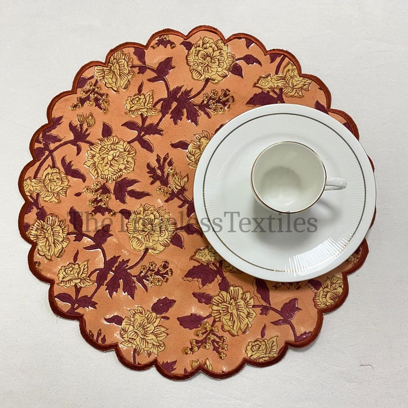 Sab Loading Autumn Blossom Embroidered Round Placemats Set of 4, Scalloped Edge ...