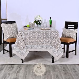 Greige och Vit Handblockstryckt Bordsduk i Bomull, Boho Farmhouse English Garden Bordslinne för Rustikt Kök, Bröllop, Present till Mamma