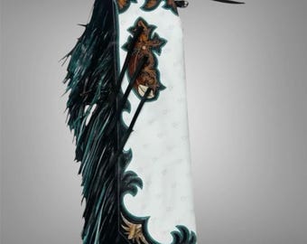 Chaparreras de cuero hechas a mano / Chaparreras vaqueras del oeste / Chaparreras de cuero blancas y negras con flecos / Chaparreras de rodeo personalizadas / Equipo de equitación