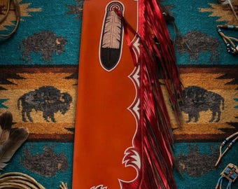 Leather Show Chaps | Red Metallic Fringe Rodeo Chaps with Eagle Feather | Heritage Style Performance Chaps