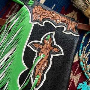 Hand Tooled Neon Green Rodeo Chaps, Floral Tooled Cross Leather Chinks, Custom Western Riding Gear, Black and Green Fringe