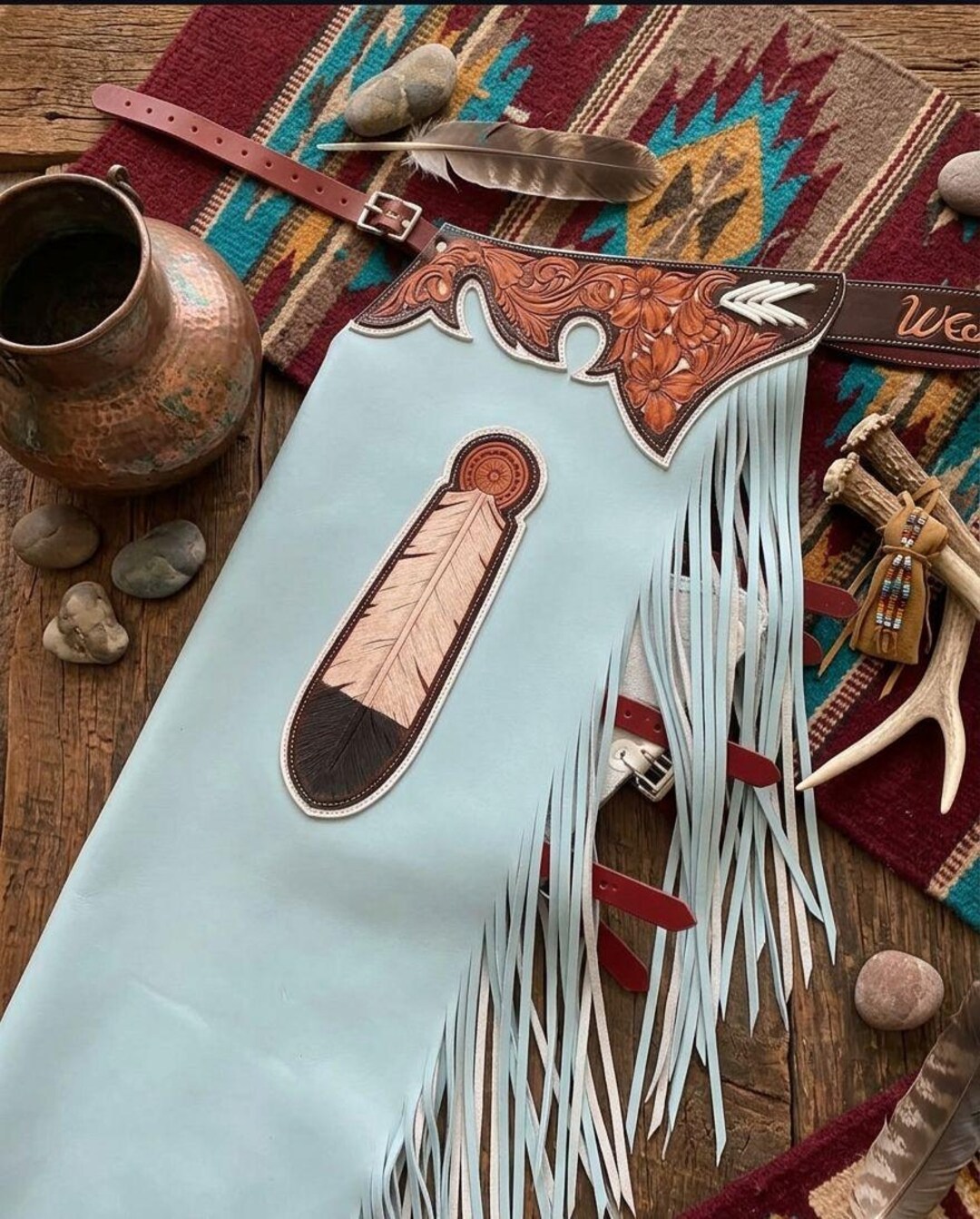 Native Chaps Powder Blue Leather Fringe Chaps | Native Inspired Feather Rodeo Chaps ...