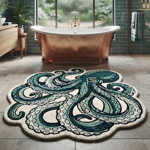 Op de afbeelding: Een gevormd vloerkleed met een gedetailleerde illustratie van een octopus in tinten blauwgroen, blauw en groen tegen een crèmekleurige achtergrond. Het kleed volgt de organische, gebogen contouren van het lichaam en de acht tentakels.