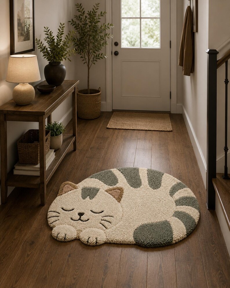 Hand Tufted Sleeping Cat Rug, Ivory Sage Gray Nursery Carpet, Soft ...
