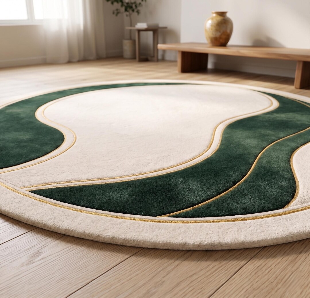 Modern Green off White Round Rug, Abstract Custom Area Rug, Plush Soft ...