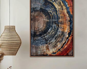 Abstract Tree Ring Canvas Art, Colorful Wood Grain Framed Print, Modern Farmhouse Decor