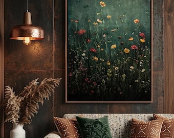 Wildflower Field Wall Art, Vintage Botanical Canvas Print, Modern Farmhouse Floral Decor