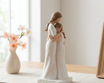 Hand-Painted Resin Mother Daughter Statue, Modern Hug Sculpture, Farmhouse Decor keepsake