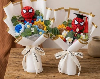 Handmade Spider-Man Crochet Bouquet: Superhero Plush Flowers for Boys' Graduation Birthday