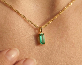 Dainty Baguette Birthstone Necklace, Personalized Gemstone Pendant, Minimalist Jewelry