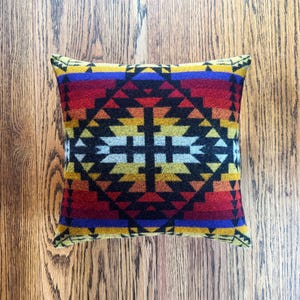 Handcrafted Southwest Pillow: Red and Black, Arrow Stripe Pendleton Wool Blanket Fabric