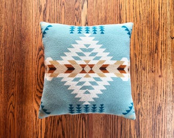 Handcrafted Southwest Pillow: Turquoise Pendleton Wool Fabric, Geometric Arrows