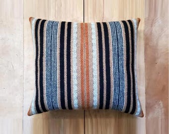Handcrafted Boho Striped Wool Pillow: Tan, Black, and Burnt Orange